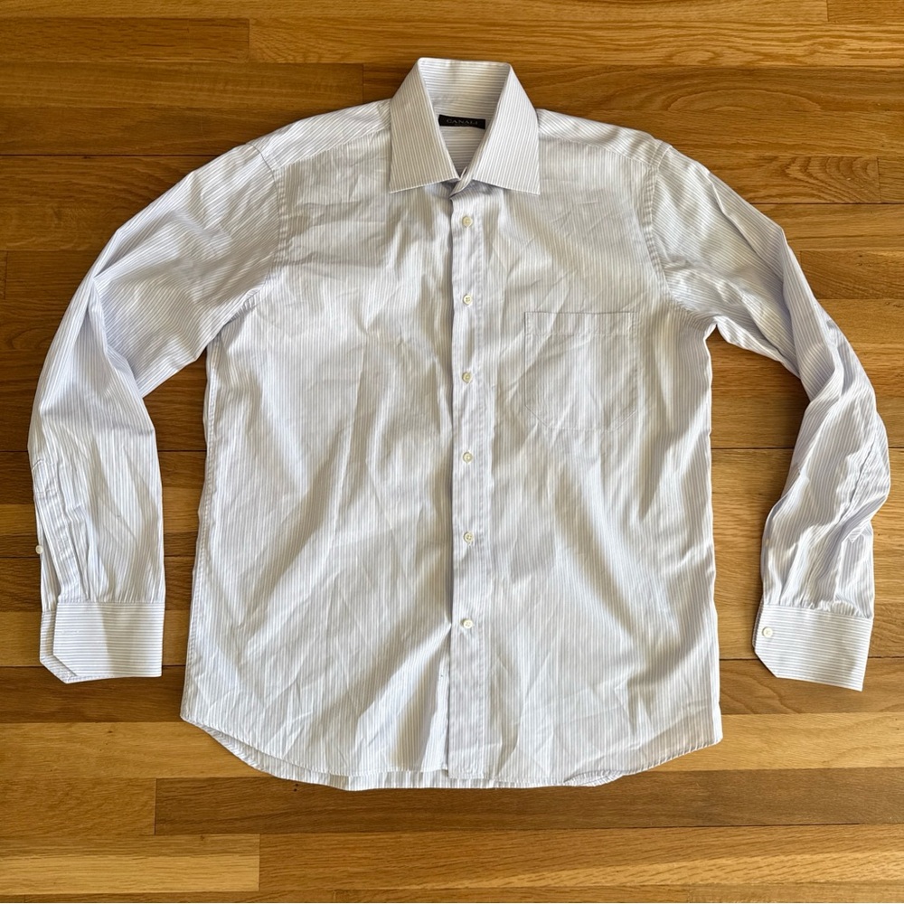 Canali Italy Men's White Pink Blue Striped Dress Shirt 41 / 16